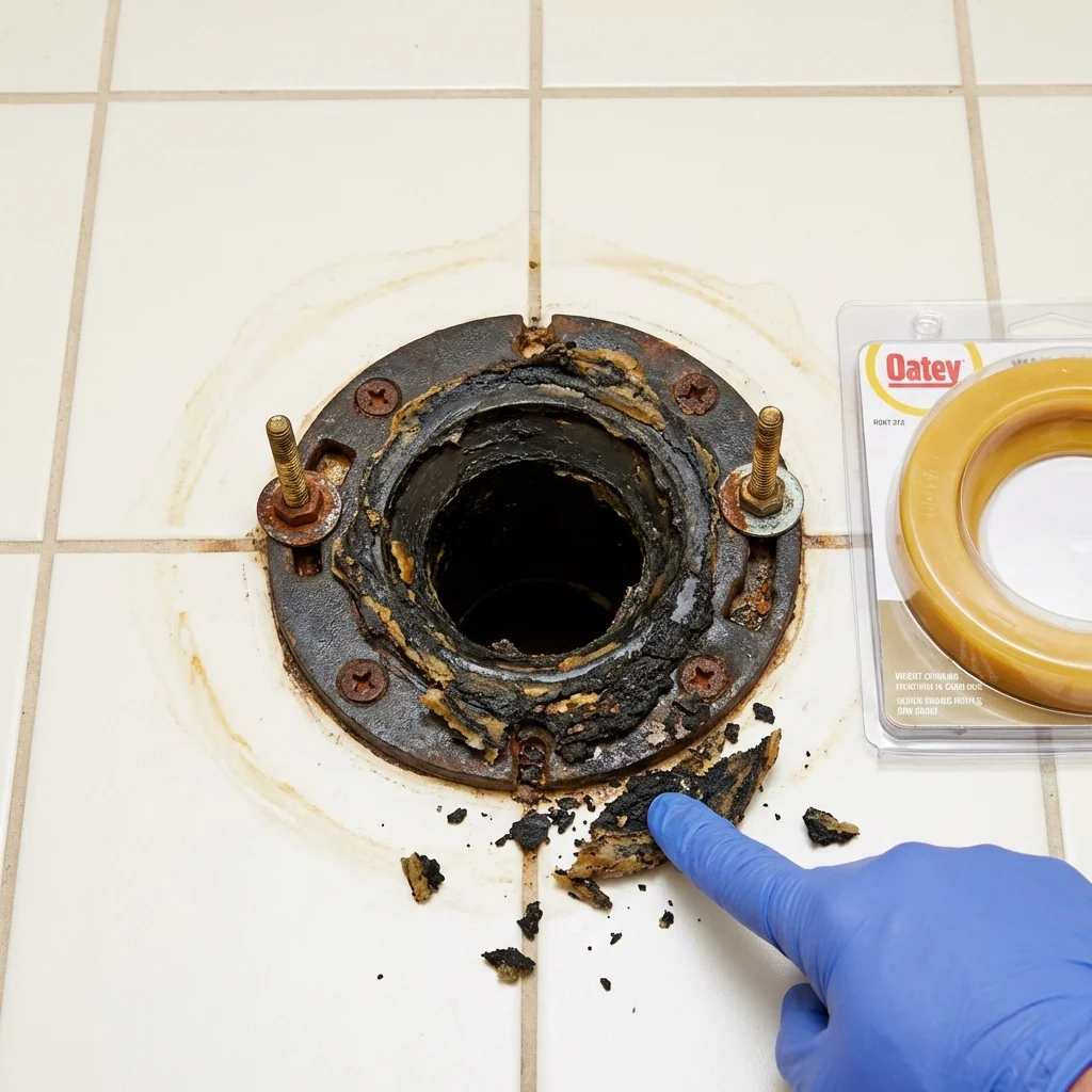Failed wax ring showing water seepage at the base of a toilet in a Columbia, SC home