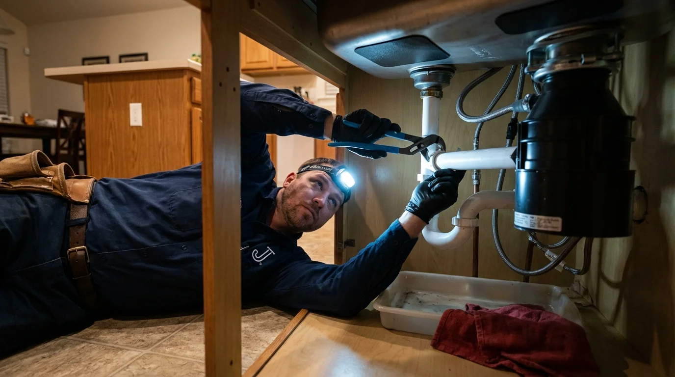 P-trap and supply line connections under a kitchen sink showing a common leak point in Columbia, SC